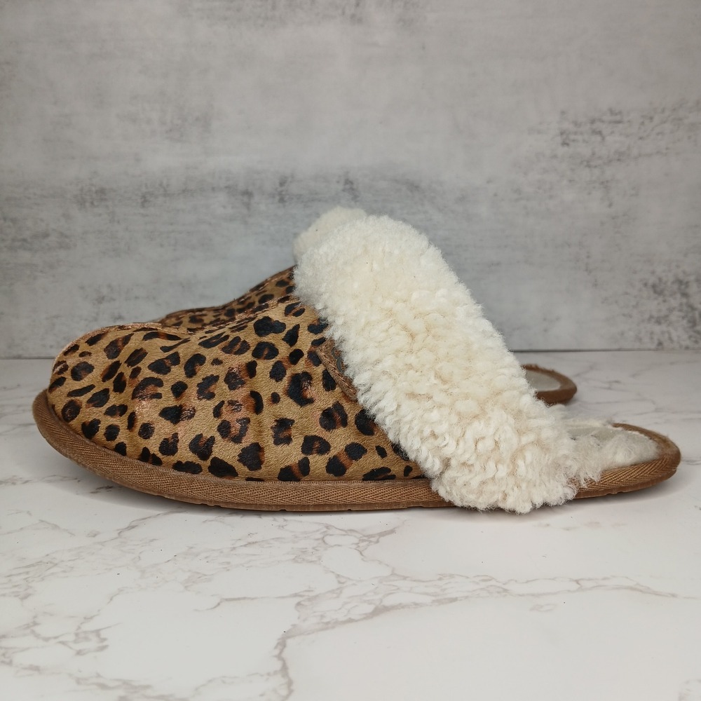 UGG Scuffette II Leopard Print Calf Hair Sheepskin Slide Slipper Brown Women 8/9